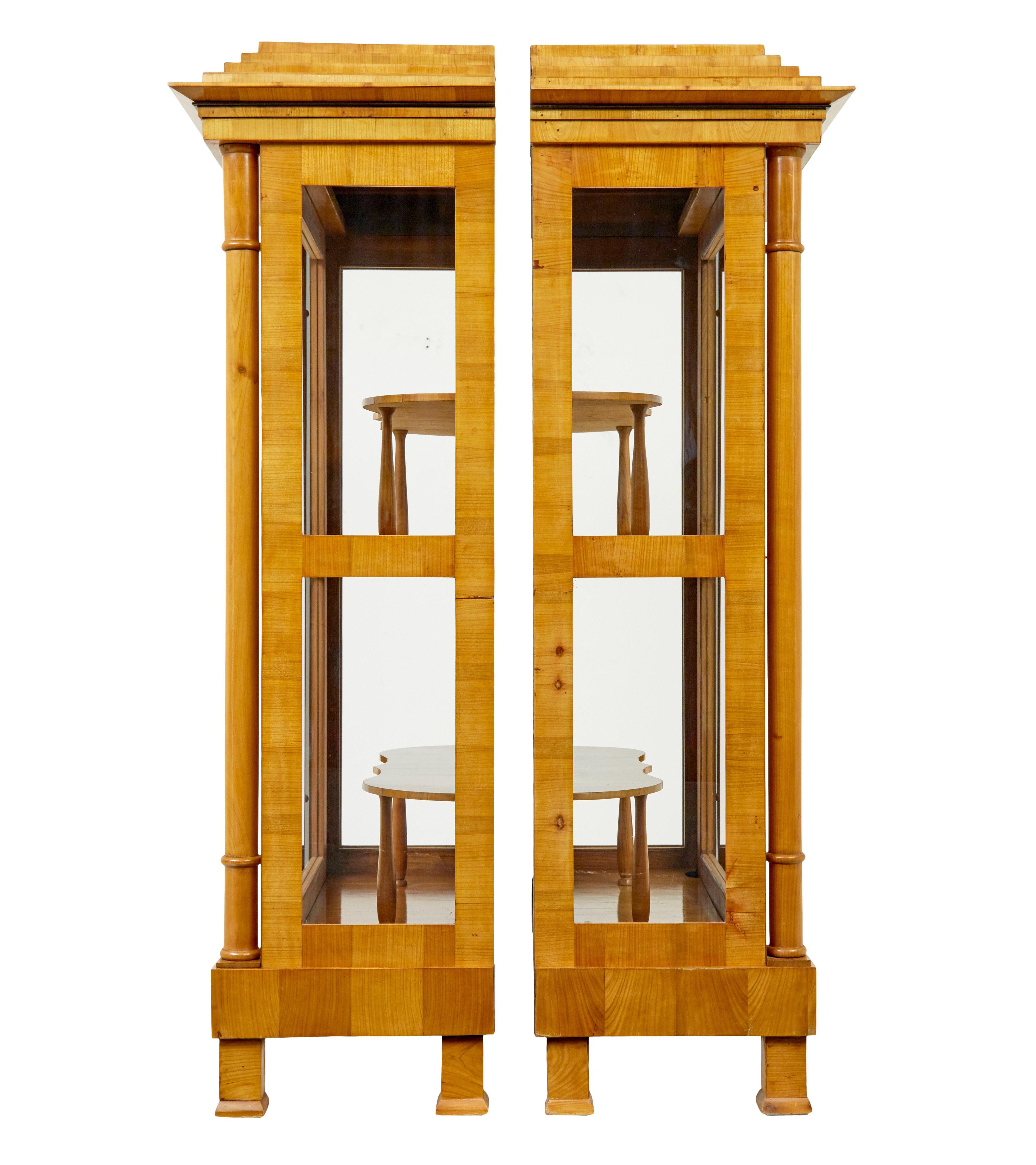 Hand-Carved Fine pair of Biedermeier glazed elm display cabinets For Sale