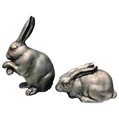 Fine Pair of Big Bronze "Red Eye Rabbits" from Old Japan