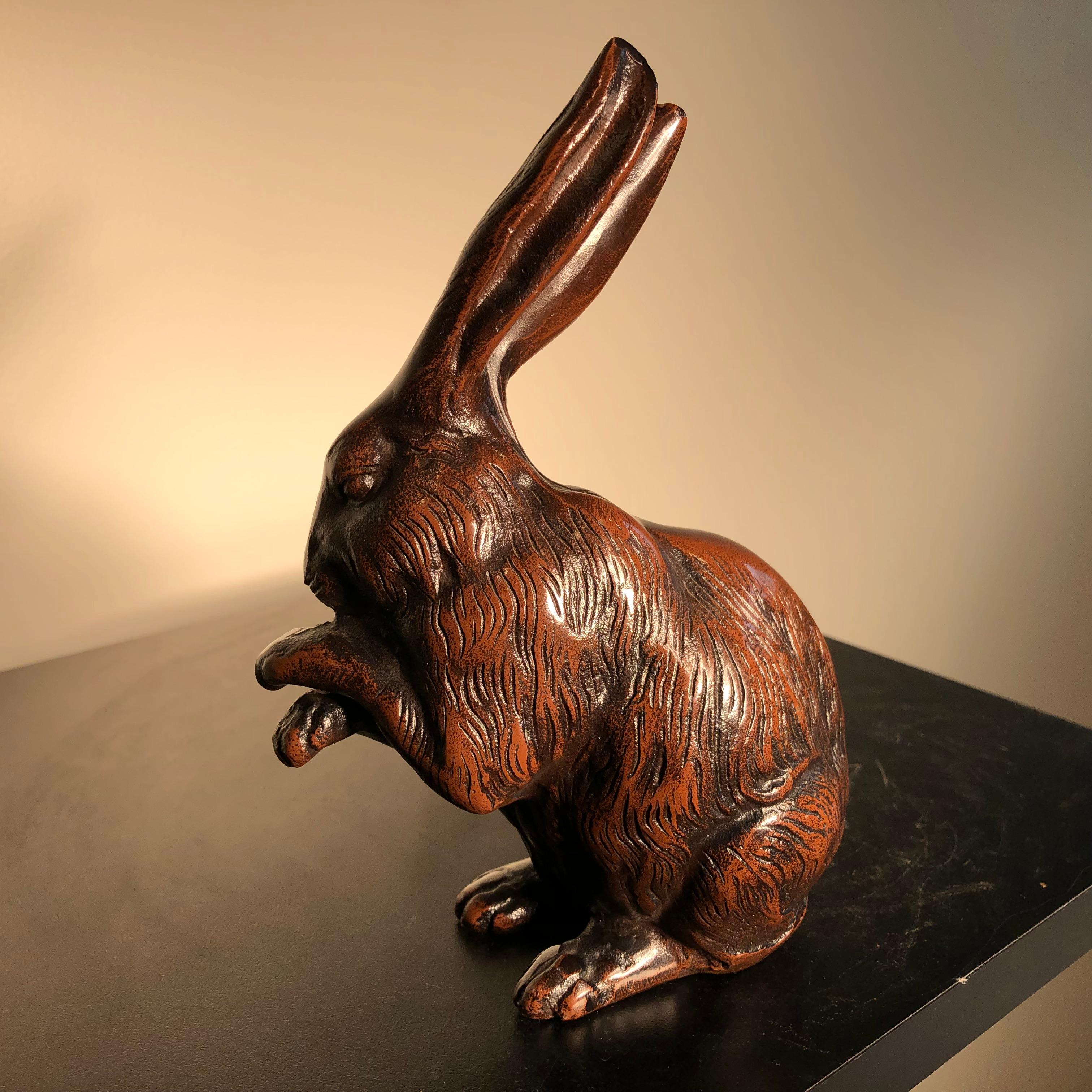 Fine Pair of Big Hand Cast Bronze Playful Rabbits from Old Japan, Best in Class 3
