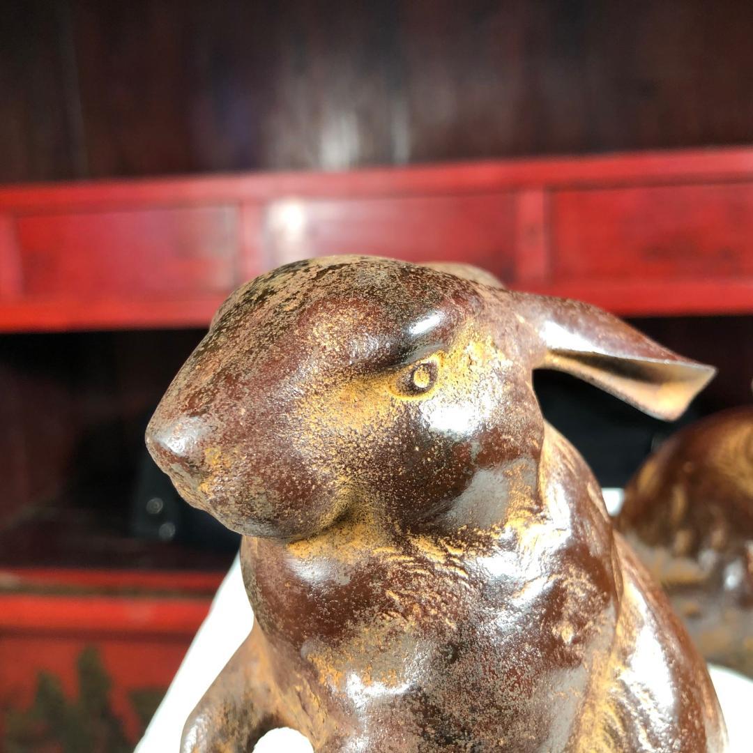 Fine Pair of Big Hand Cast Bronze Playful Rabbits from Old Japan 4