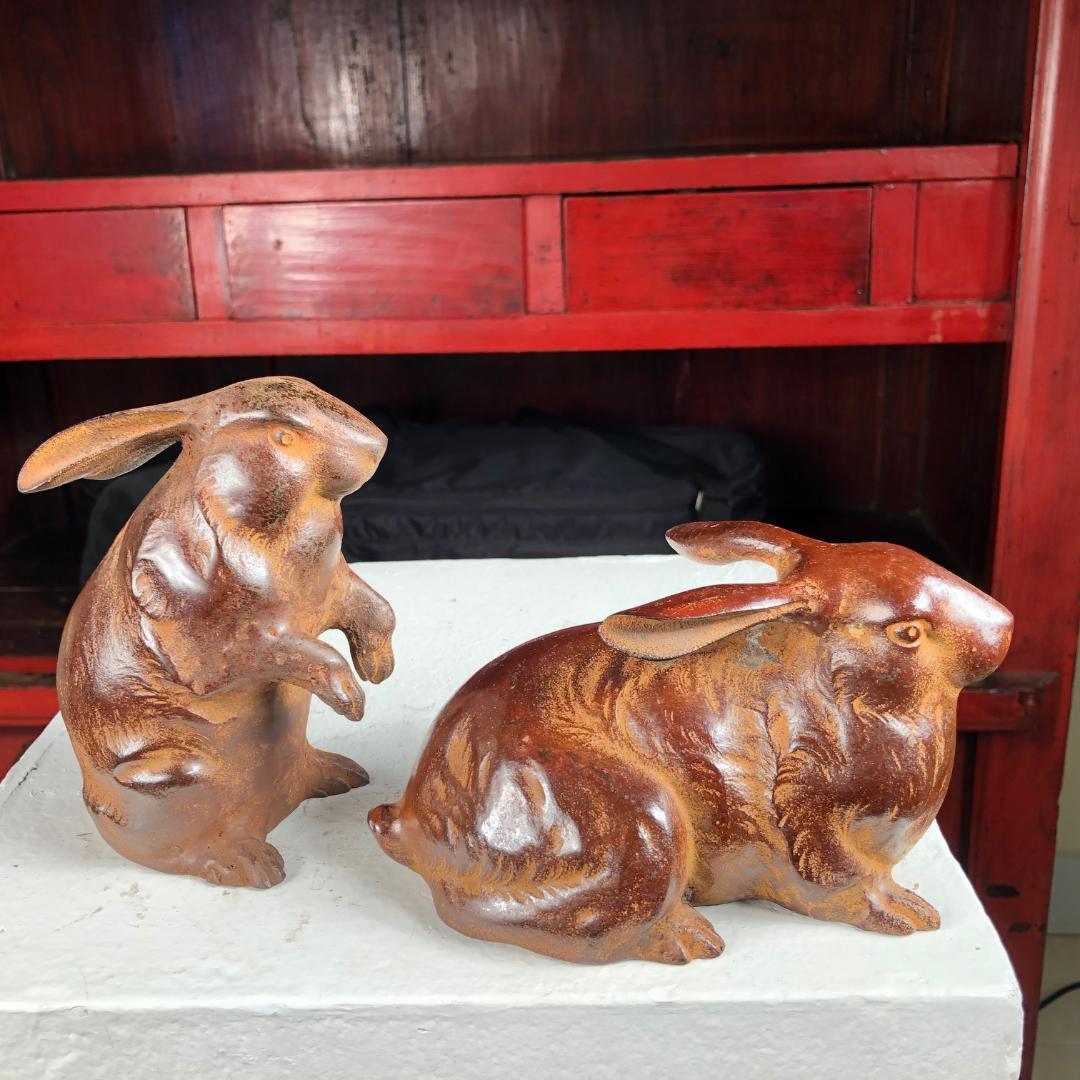 Japanese Fine Pair of Big Hand Cast Bronze Playful Rabbits from Old Japan