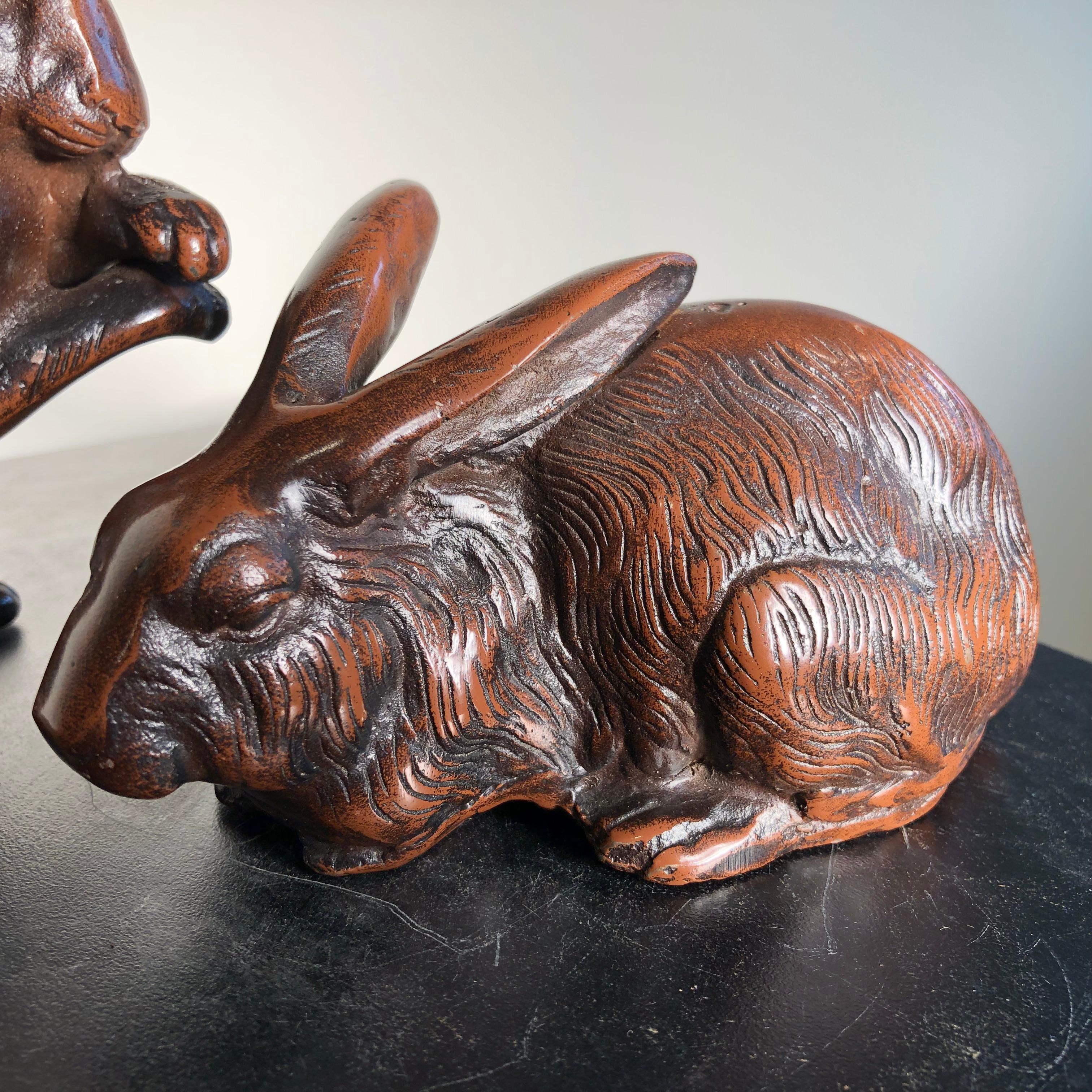 Hand-Crafted Fine Pair of Big Hand Cast Bronze Playful Rabbits from Old Japan, Best in Class