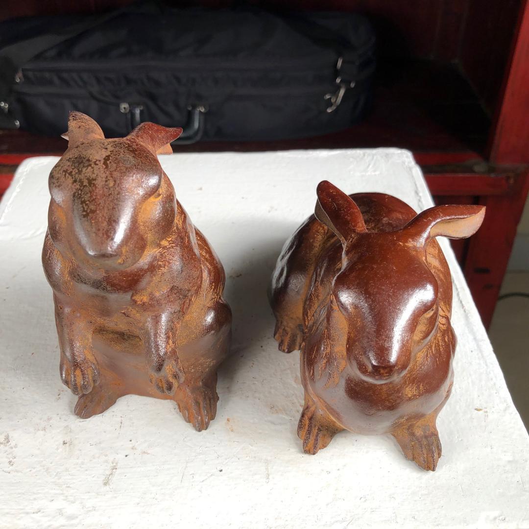 Hand-Crafted Fine Pair of Big Hand Cast Bronze Playful Rabbits from Old Japan