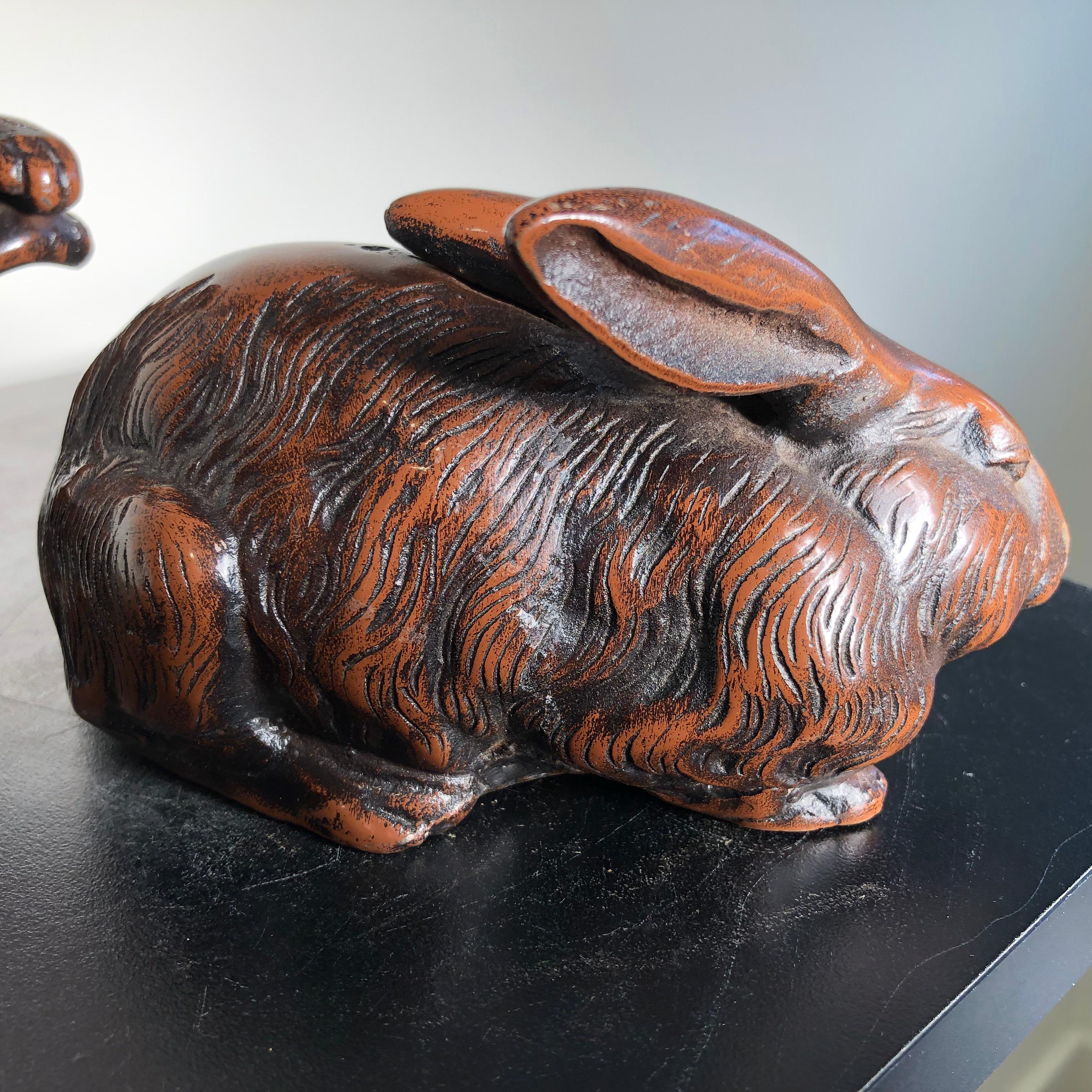 20th Century Fine Pair of Big Hand Cast Bronze Playful Rabbits from Old Japan, Best in Class