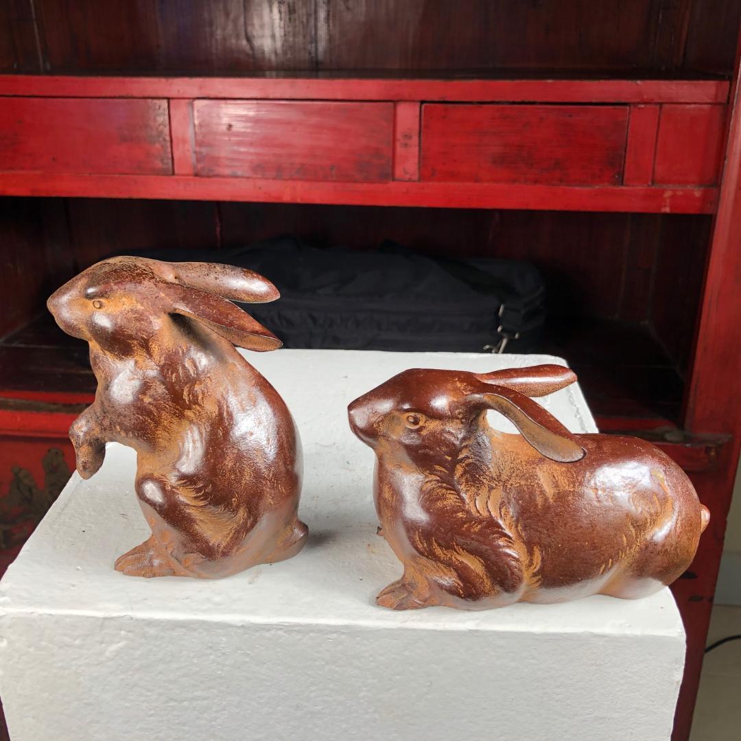 Fine Pair of Big Hand Cast Bronze Playful Rabbits from Old Japan 1