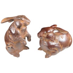 Fine Pair of Big Hand Cast Bronze Playful Rabbits from Old Japan