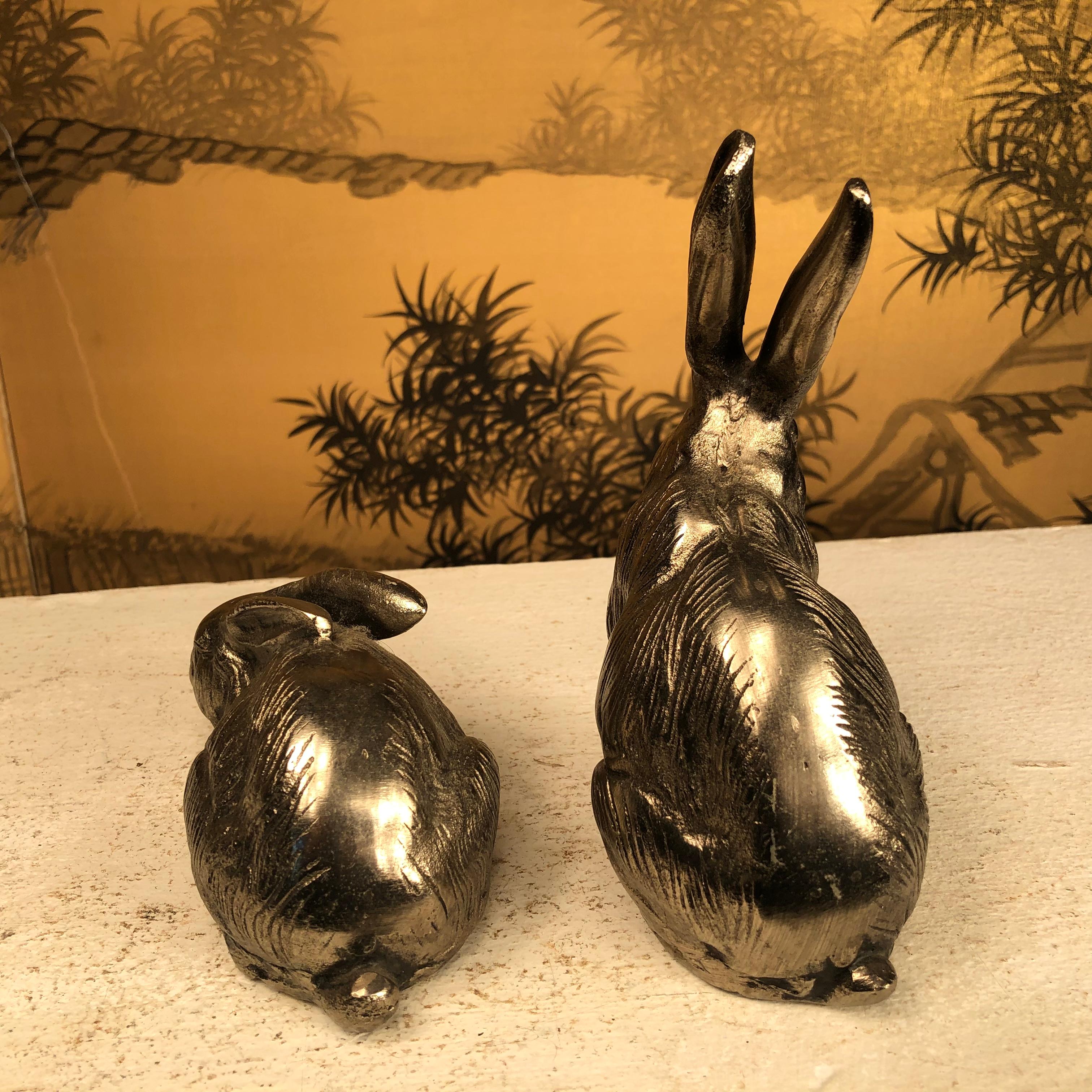 Fine Pair of Big Hand Cast Bronze Playful Rabbits from Old Japan 7