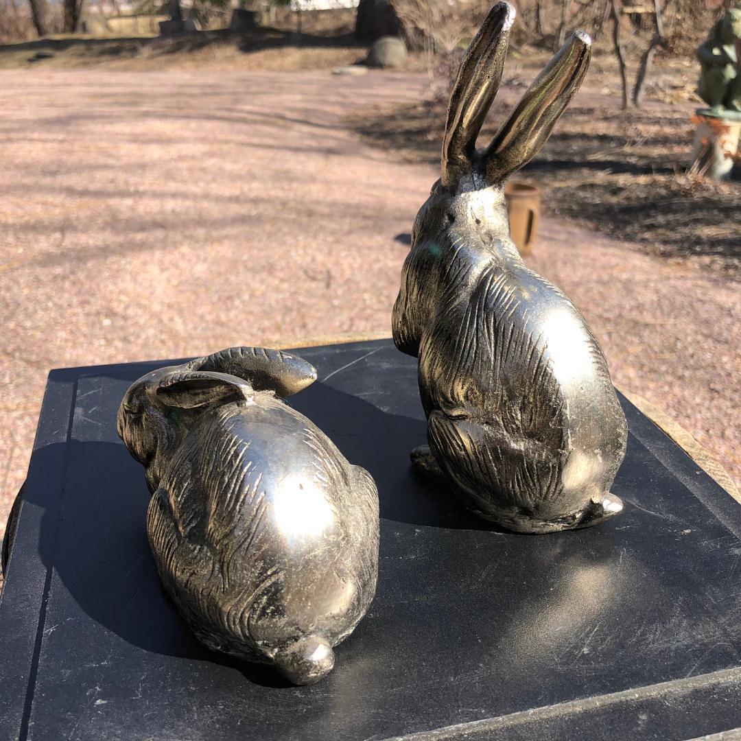 Japanese Fine Pair of Big Hand Cast Bronze Playful Rabbits from Old Japan