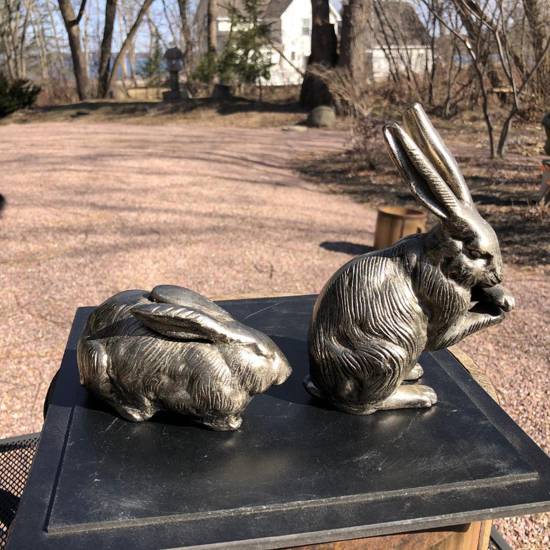 Hand-Crafted Fine Pair of Big Hand Cast Bronze Playful Rabbits from Old Japan