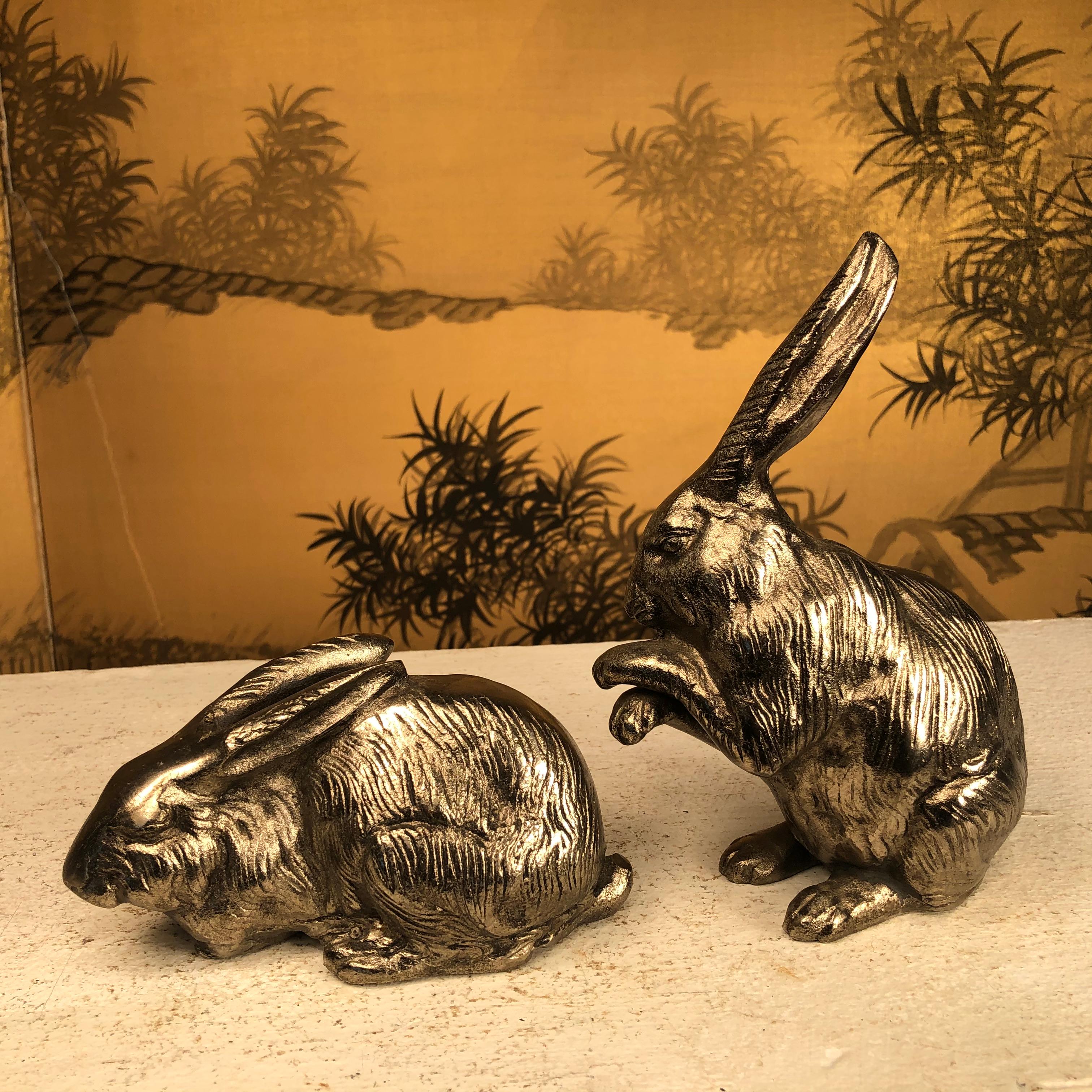 Fine Pair of Big Hand Cast Bronze Playful Rabbits from Old Japan 2