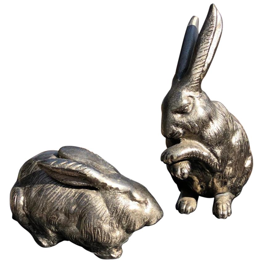 Fine Pair of Big Hand Cast Bronze Playful Rabbits from Old Japan