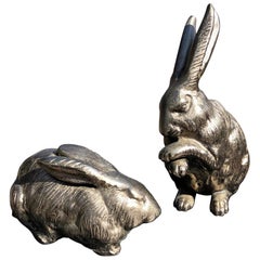 Fine Pair of Big Hand Cast Bronze Playful Rabbits from Old Japan