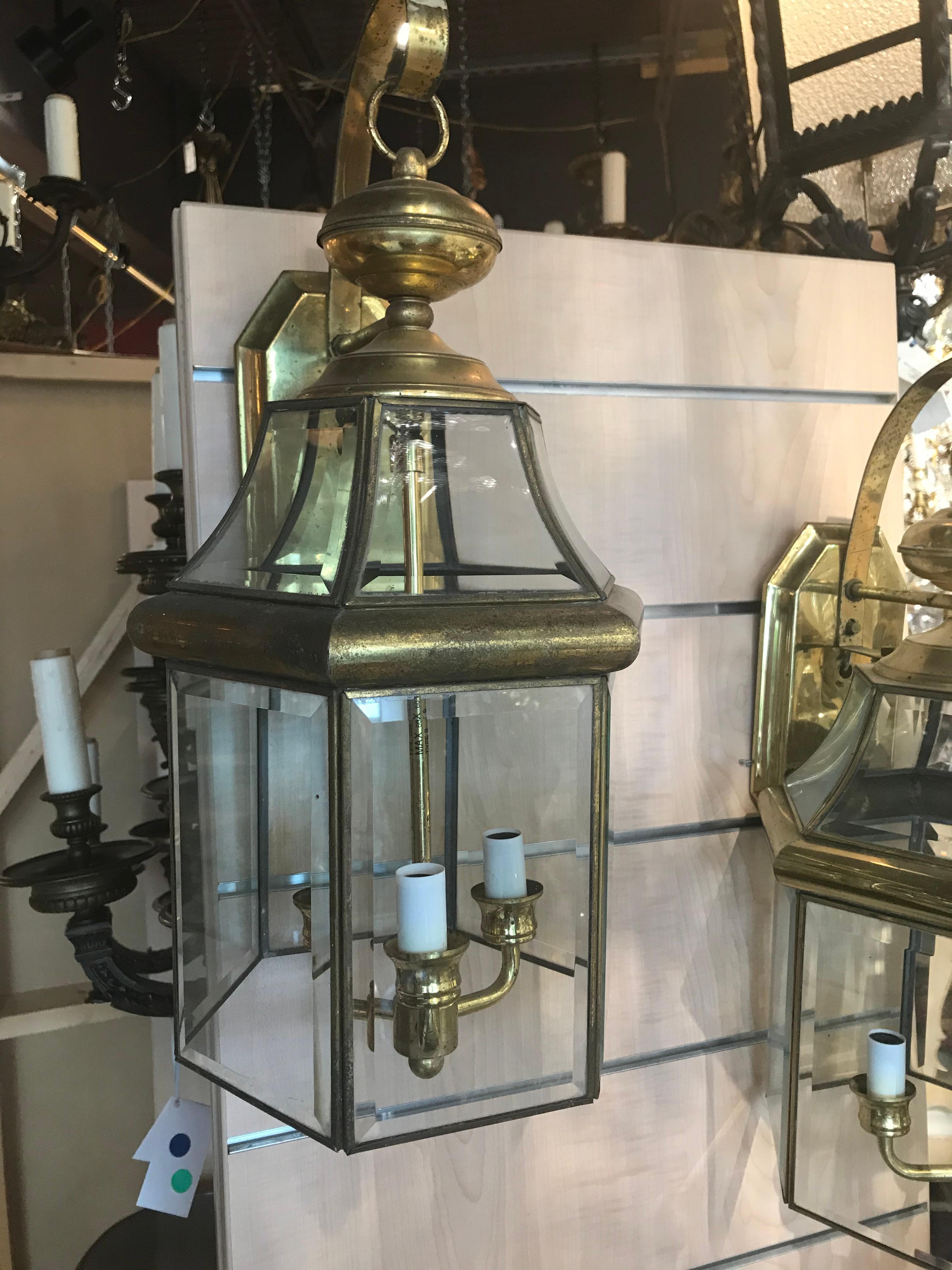 North American Fine Pair of Brass & Glass Lanterns For Sale