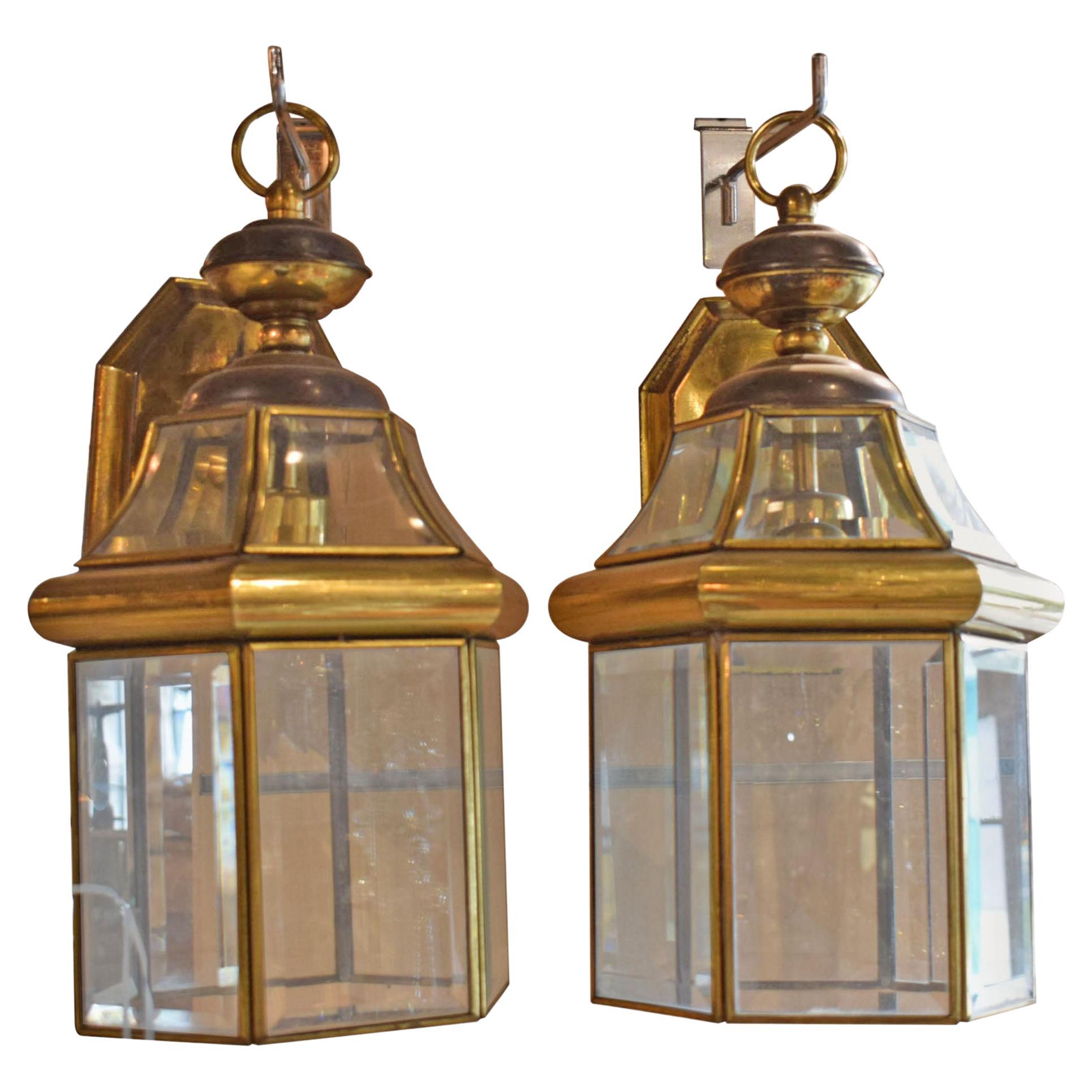 Fine Pair of Brass & Glass Lanterns For Sale