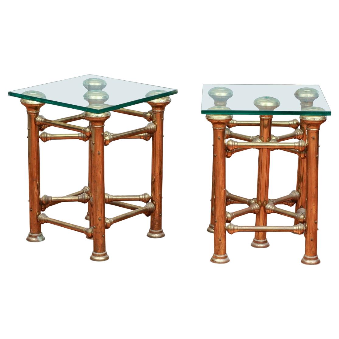 Fine Pair of Brass Glass Topped Industrial Style End Tables