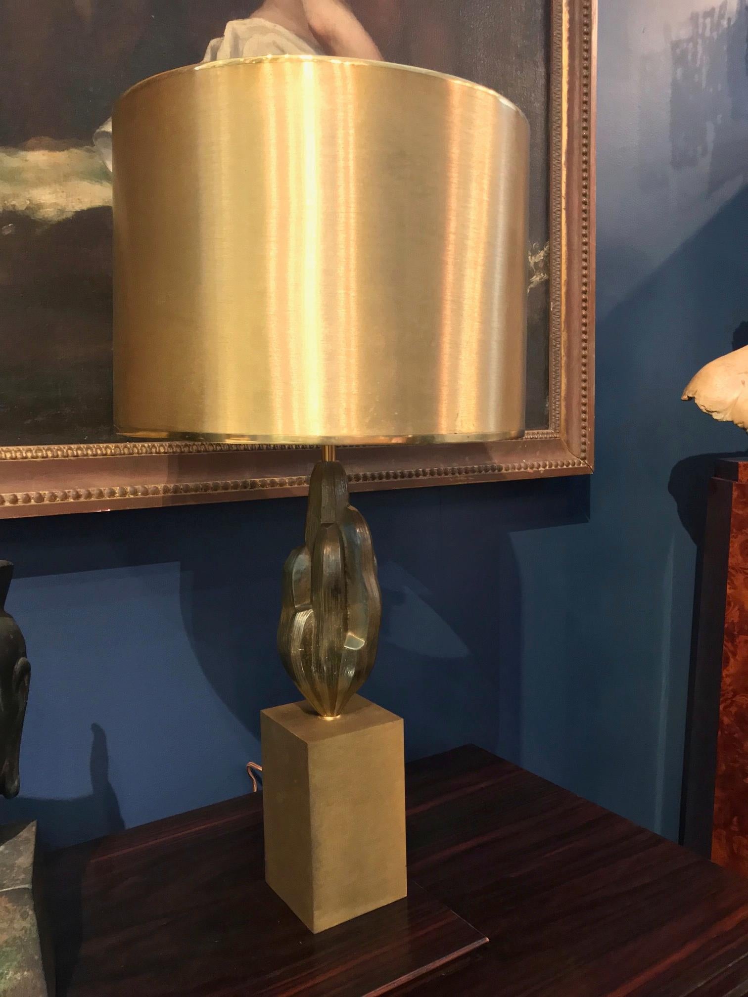 Fine pair of patinated gilt bronze table lamps by Maison Charles fitted with original brass lamp shade.