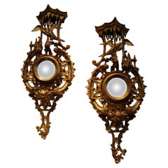 Fine Pair of Carved 19th Century Chinese Chippendale Convex Gilt Mirrors