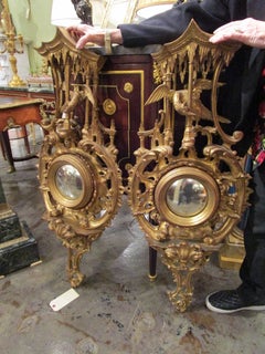 Antique Fine Pair of Carved 19th Century Chinese Chippendale Convex Gilt Mirrors
