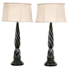 Fine Pair of Carved Black Stone Table Lamps