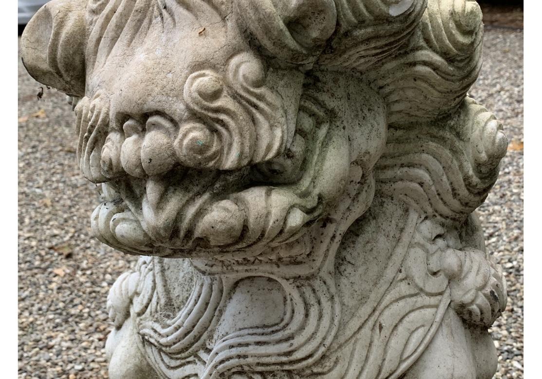 Ming Fine Pair of Carved Marble Garden Foo Lion Figures
