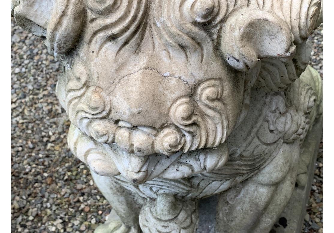 Fine Pair of Carved Marble Garden Foo Lion Figures For Sale 2