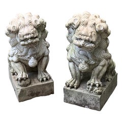 Fine Pair of Carved Marble Garden Foo Lion Figures