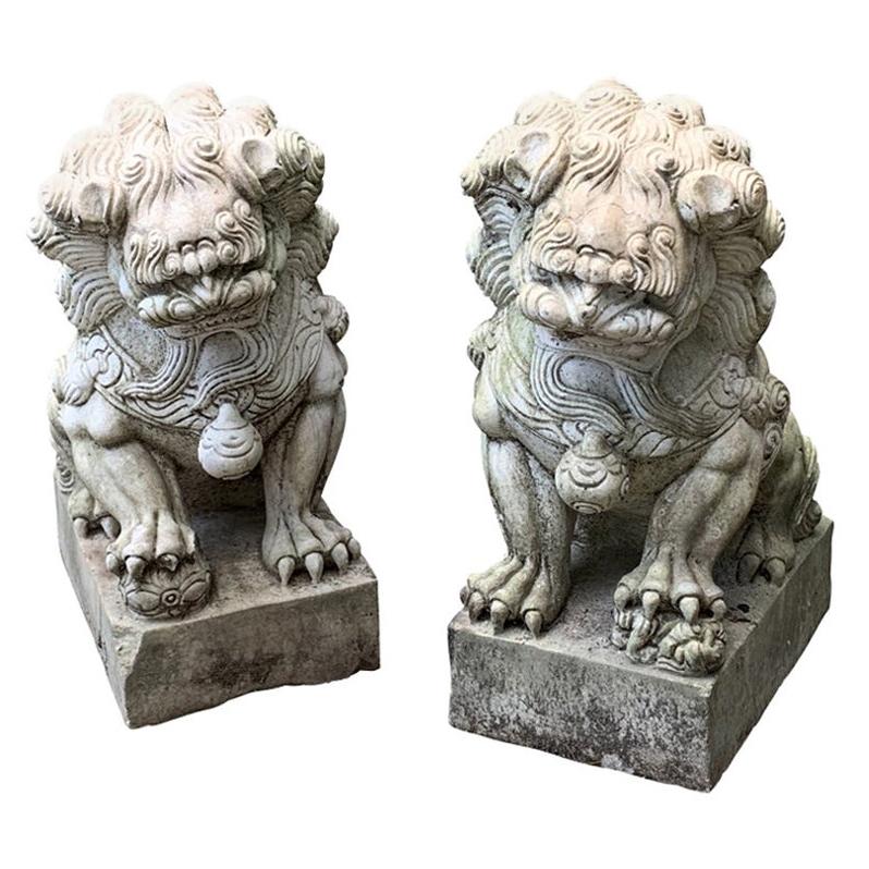 Fine Pair of Carved Marble Garden Foo Lion Figures