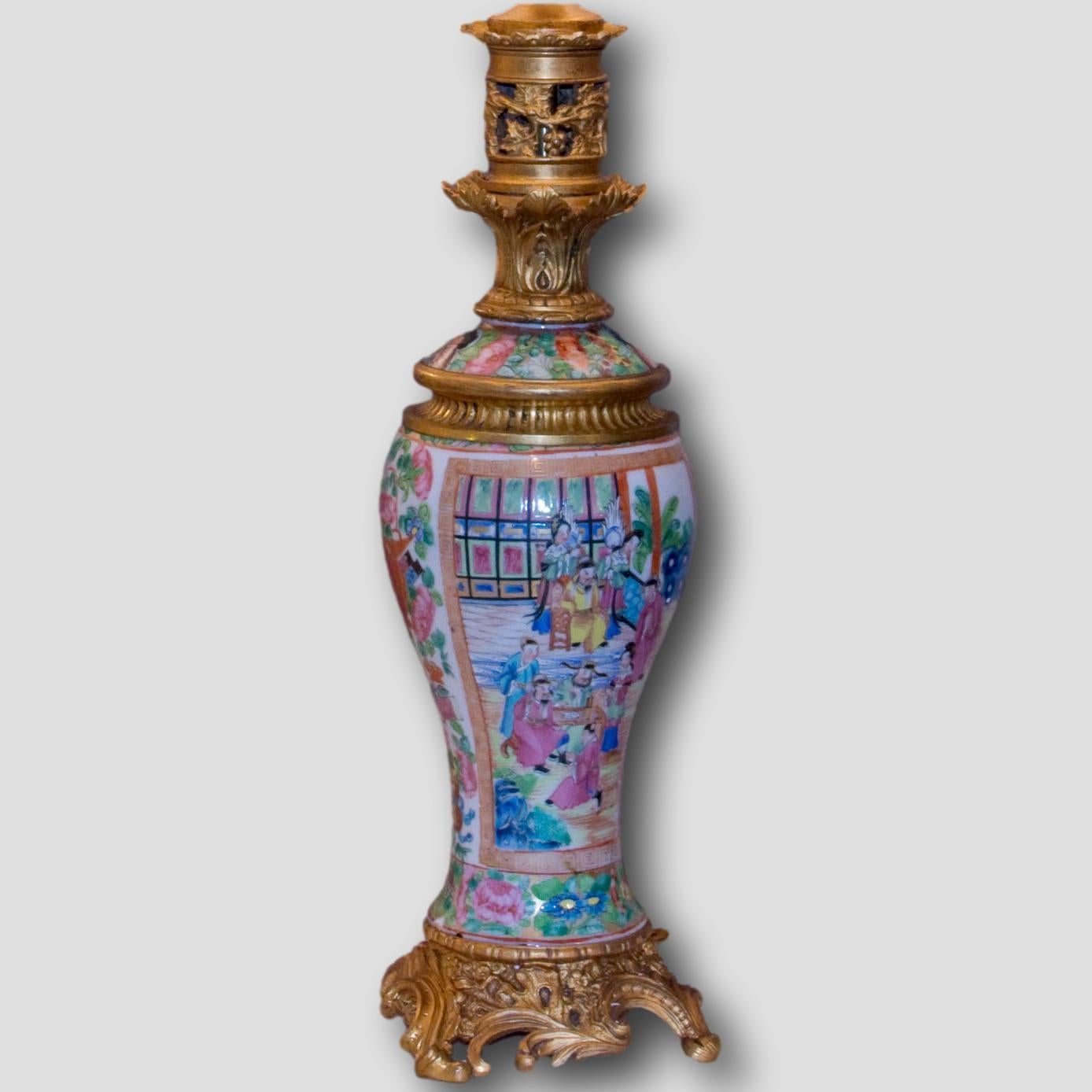 Polychromed Fine Pair of Chinese Baluster Form Lamps For Sale