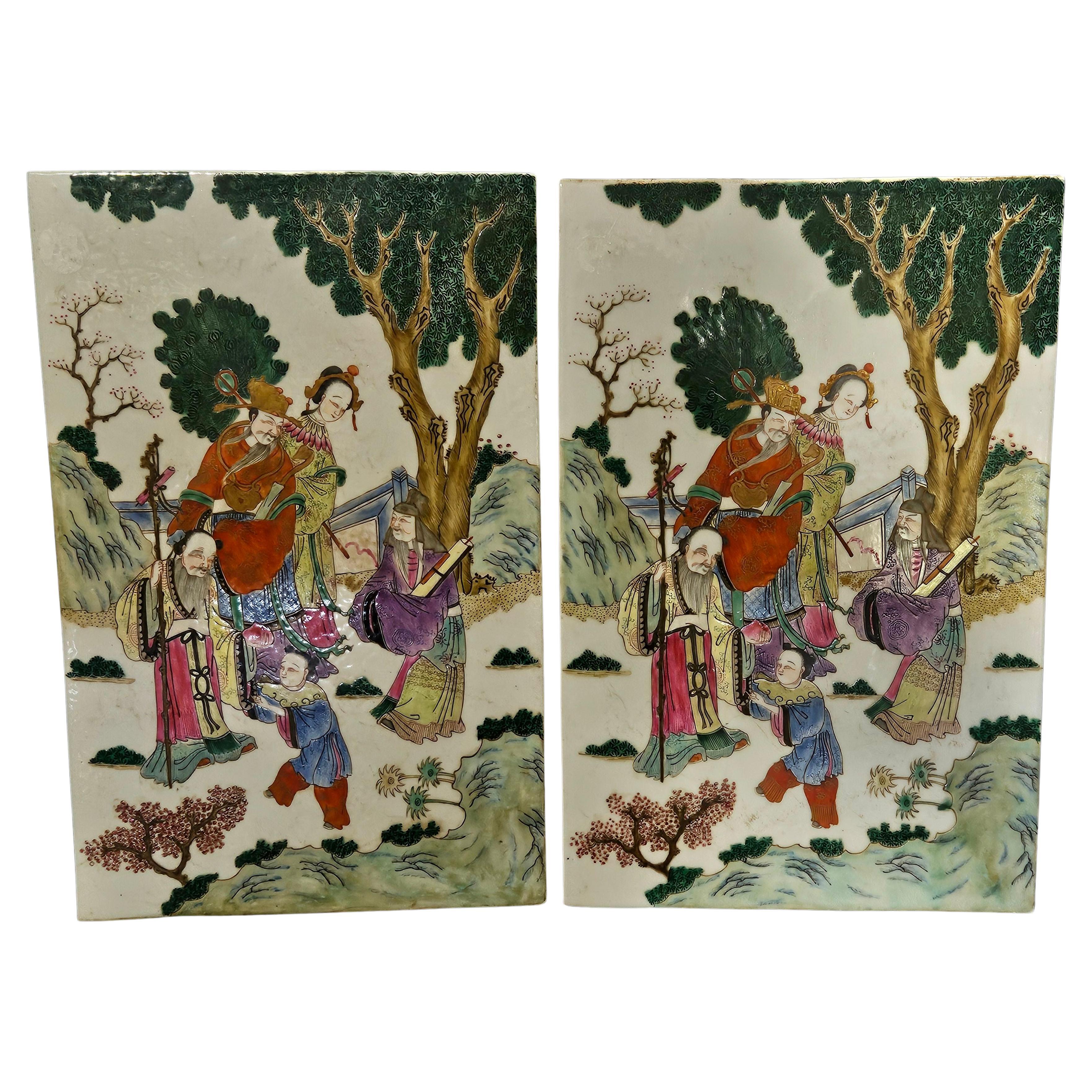 Fine Pair of Chinese Famille Rose Porcelain Plaques 19th Century