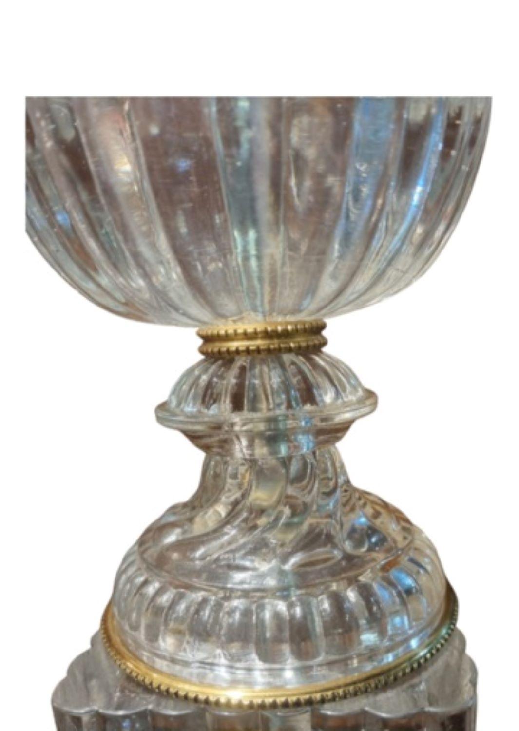 Paire de lampes de table en cristal en forme d'urne de style bohémien
Ces lampes sont d'une qualité étonnante et fabriquées en cristal épais.
Le cristal réfléchit la lumière, ce qui est très frappant lorsqu'il est allumé.
Abat-jour non inclus