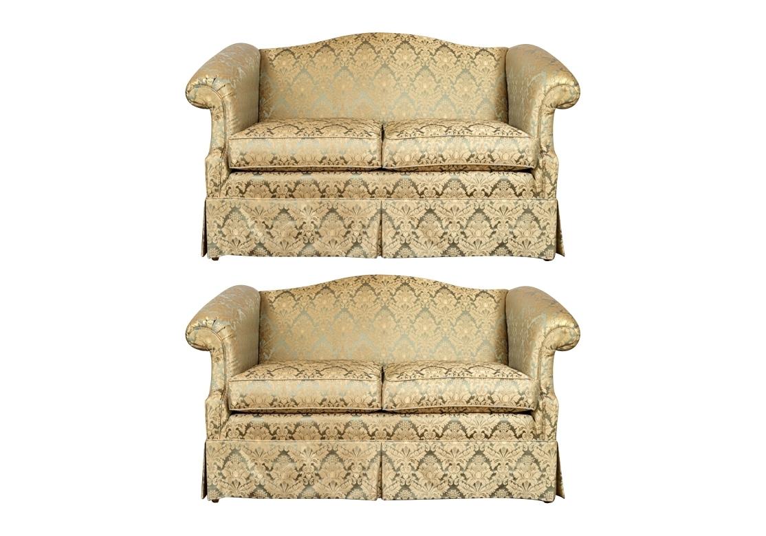 Fine Pair Of Custom Upholstered Camelback Love Seats For Sale 11