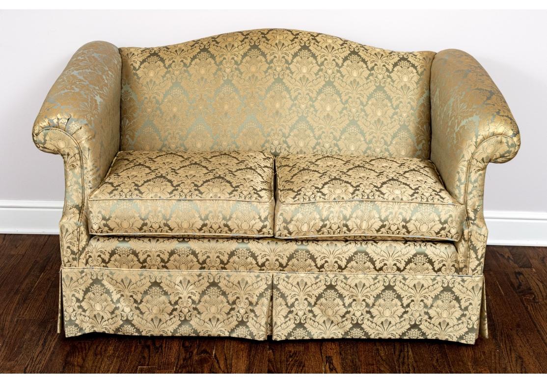 Hollywood Regency Fine Pair Of Custom Upholstered Camelback Love Seats For Sale