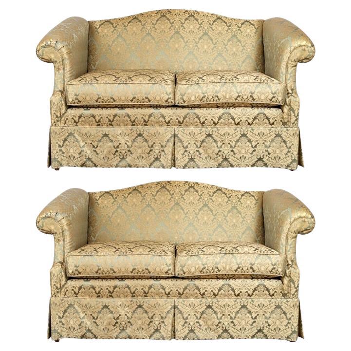 Fine Pair Of Custom Upholstered Camelback Love Seats