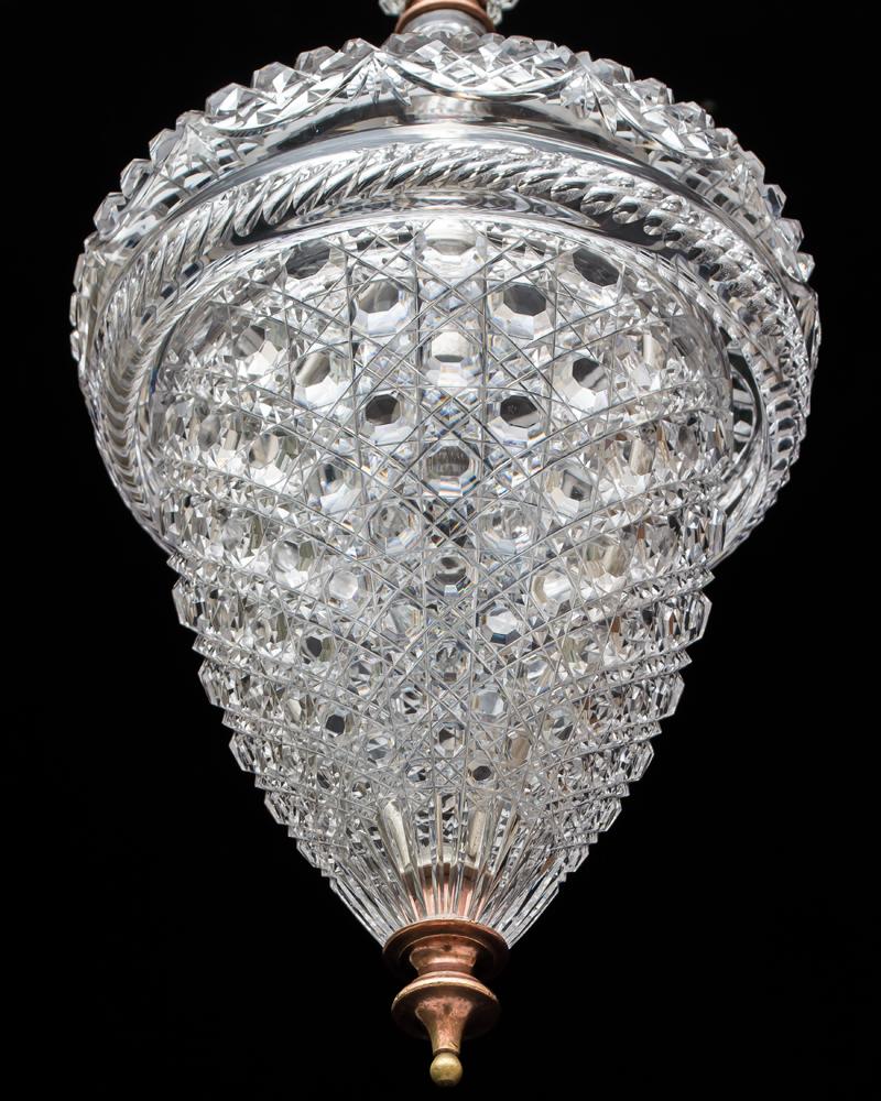A fine pair of silver and copper plated acorn lights the lower removable sections with hobnail cutting the tapered lid with swirled flat diamond cutting.

The matalwork stamped OSLER.