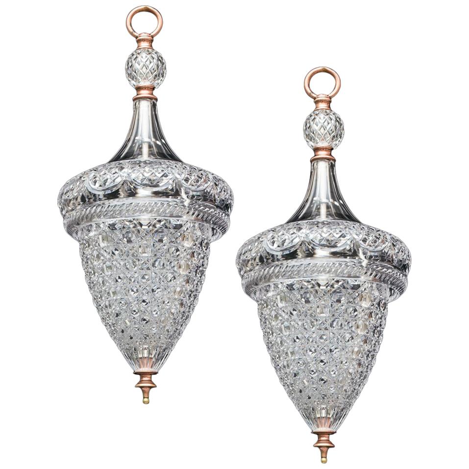 Fine Pair of Cut Glass Acorn Lanterns by F&C Osler