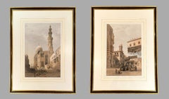 Fine Pair of David Roberts Original Colored Lithographs of Cairo Custom Framed