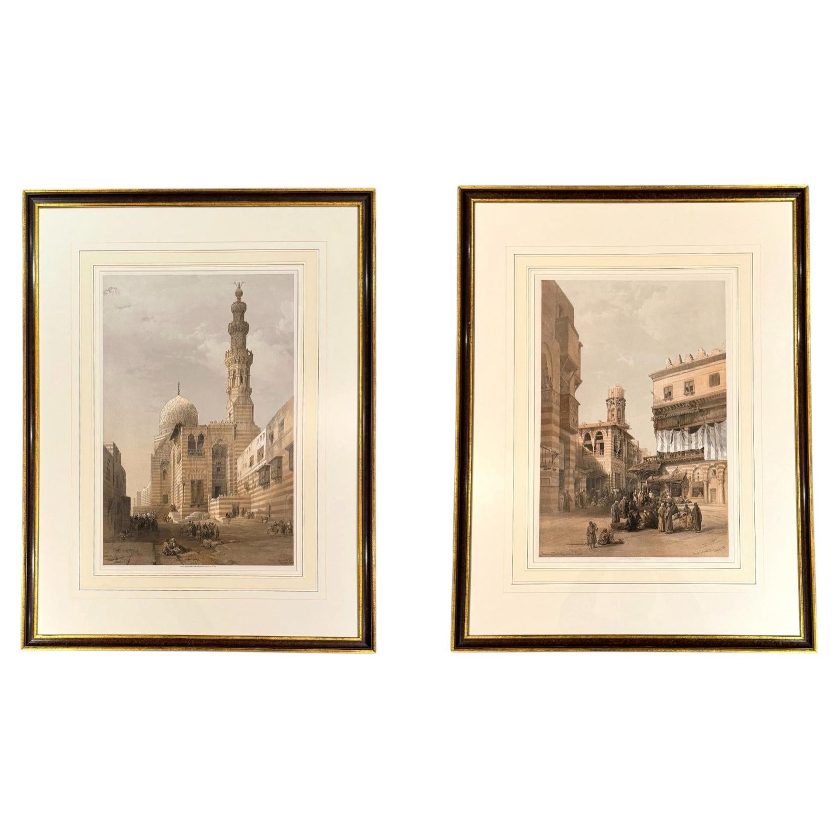 Fine Pair of David Roberts Original Colored Lithographs of Cairo Custom Framed