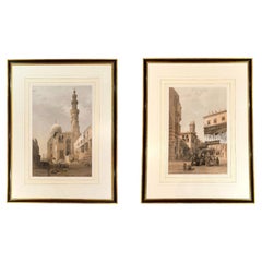 Fine Pair of David Roberts Original Colored Lithographs of Cairo Custom Framed