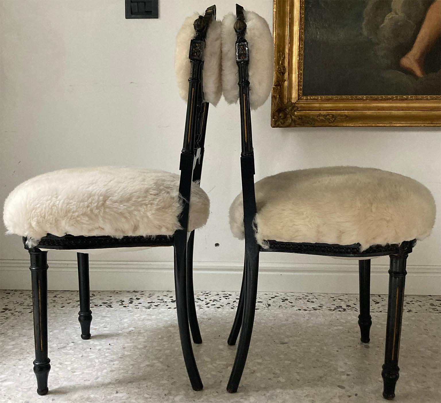 Fine Pair of Decorative Black Chairs with White Pure Wool , Sicily Italy 1920’s For Sale 2