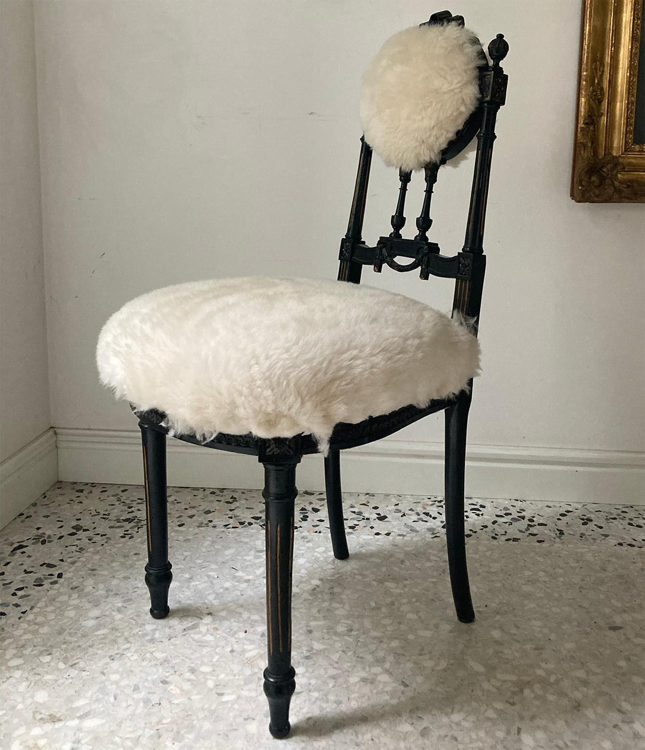 Louis XVI Fine Pair of Decorative Black Chairs with White Pure Wool , Sicily Italy 1920’s For Sale