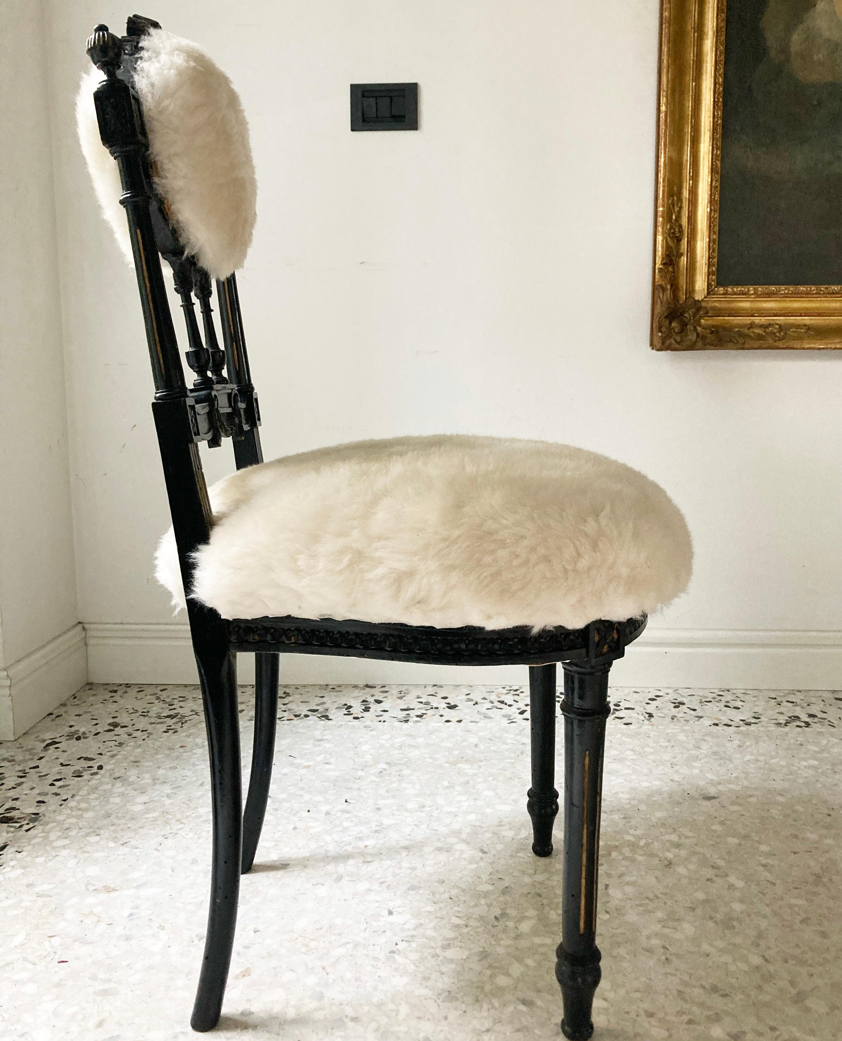 Sicilian Fine Pair of Decorative Black Chairs with White Pure Wool , Sicily Italy 1920’s For Sale