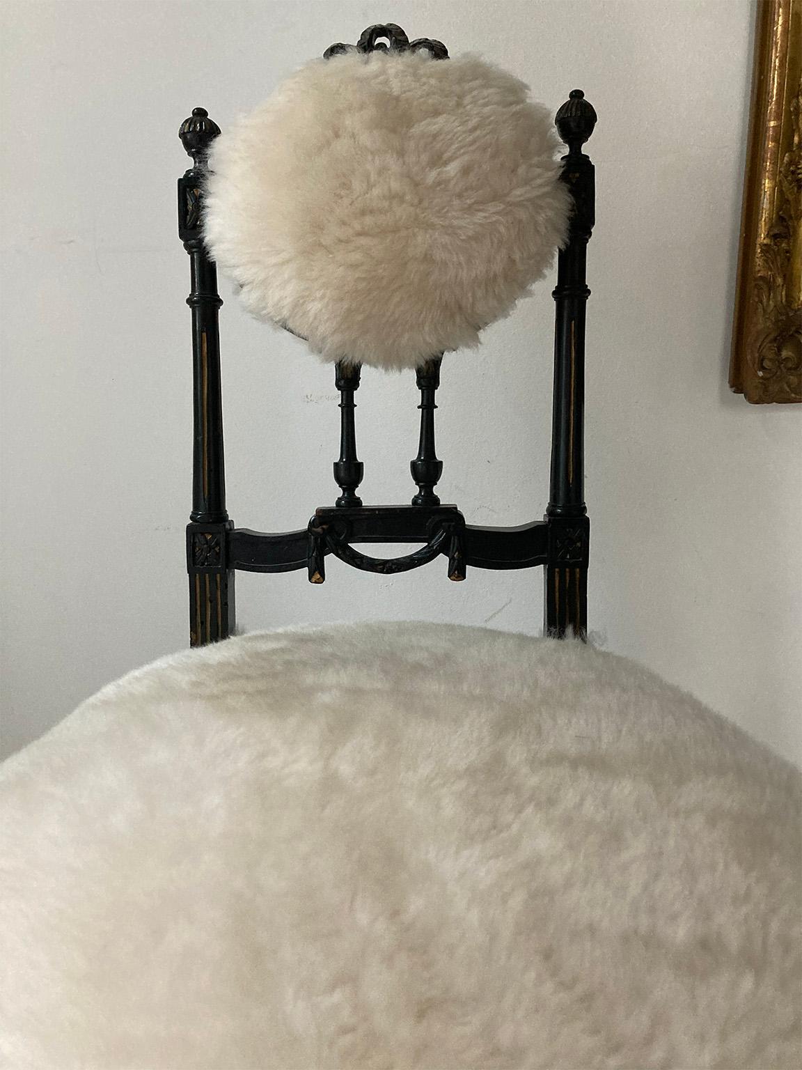 Turned Fine Pair of Decorative Black Chairs with White Pure Wool , Sicily Italy 1920’s For Sale