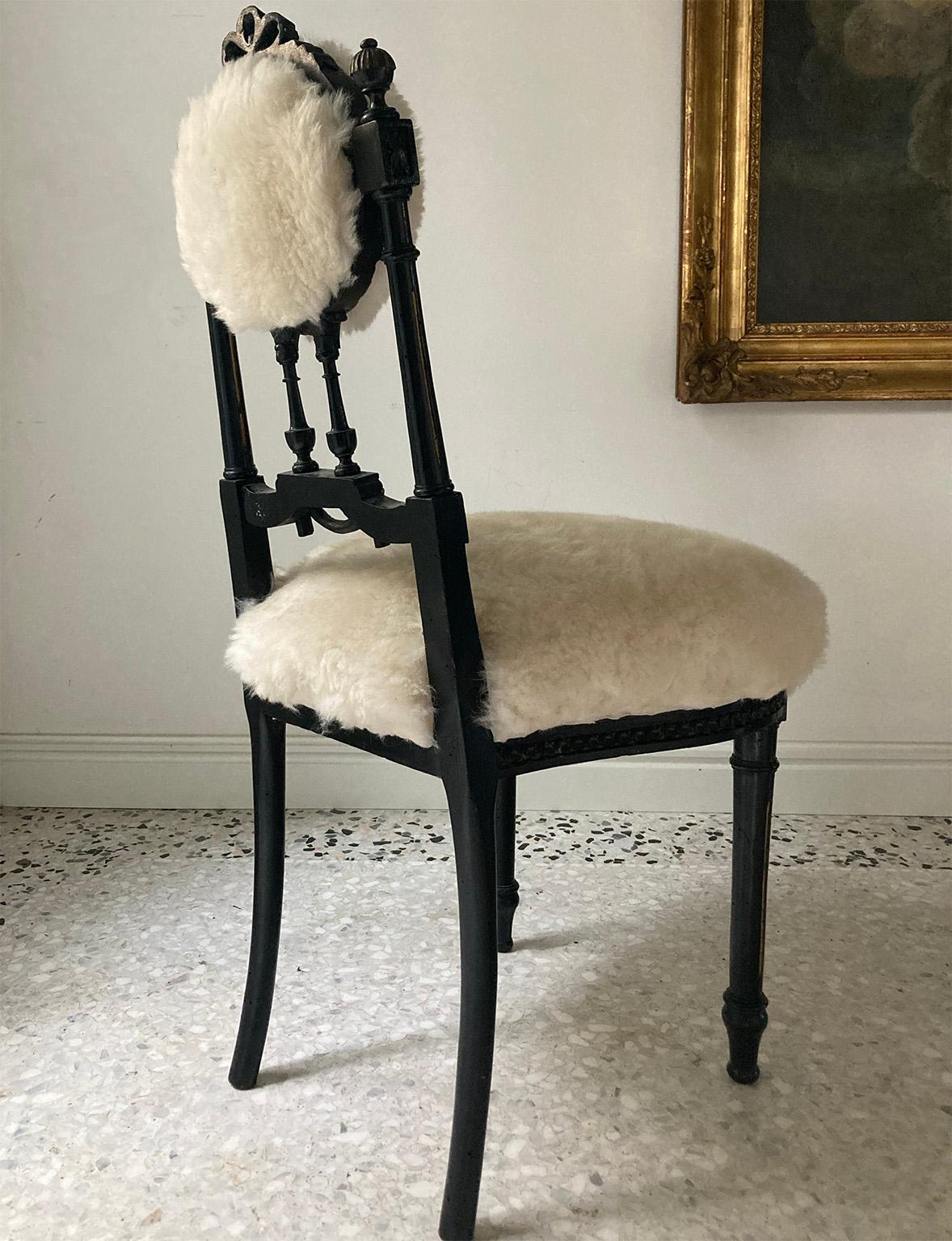 Early 20th Century Fine Pair of Decorative Black Chairs with White Pure Wool , Sicily Italy 1920’s For Sale
