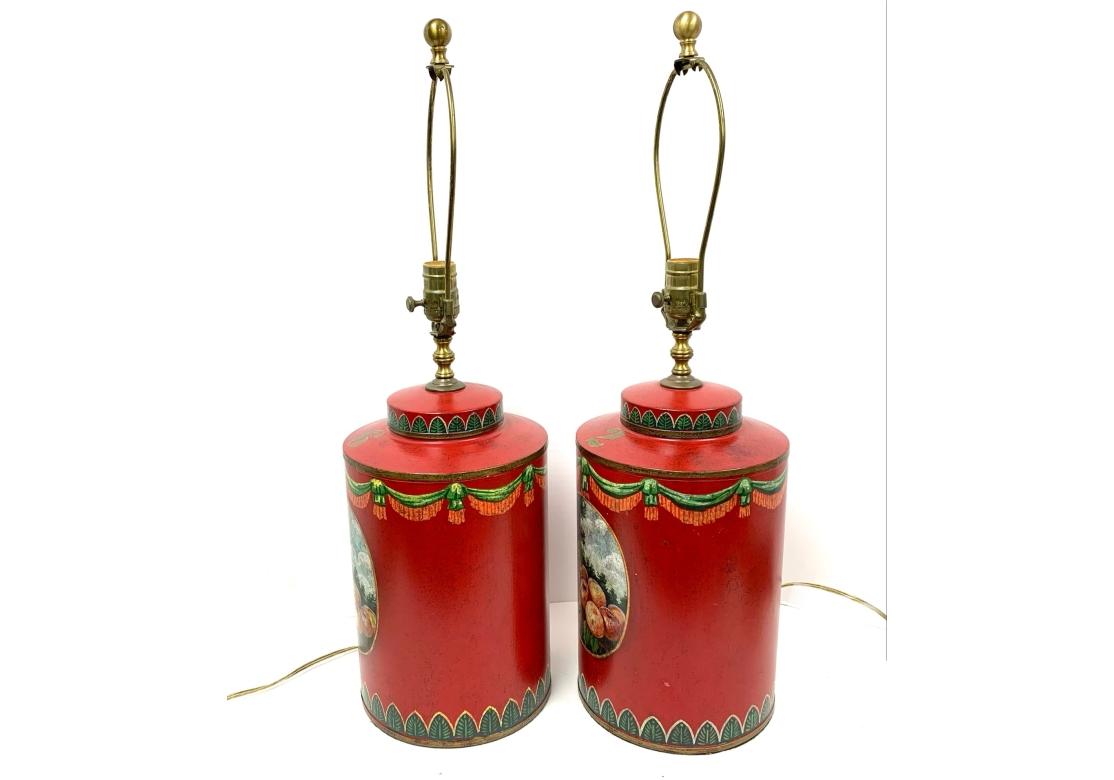 Hand-Painted Fine Pair Of Decorative Tea Canister Form Lamps For Sale