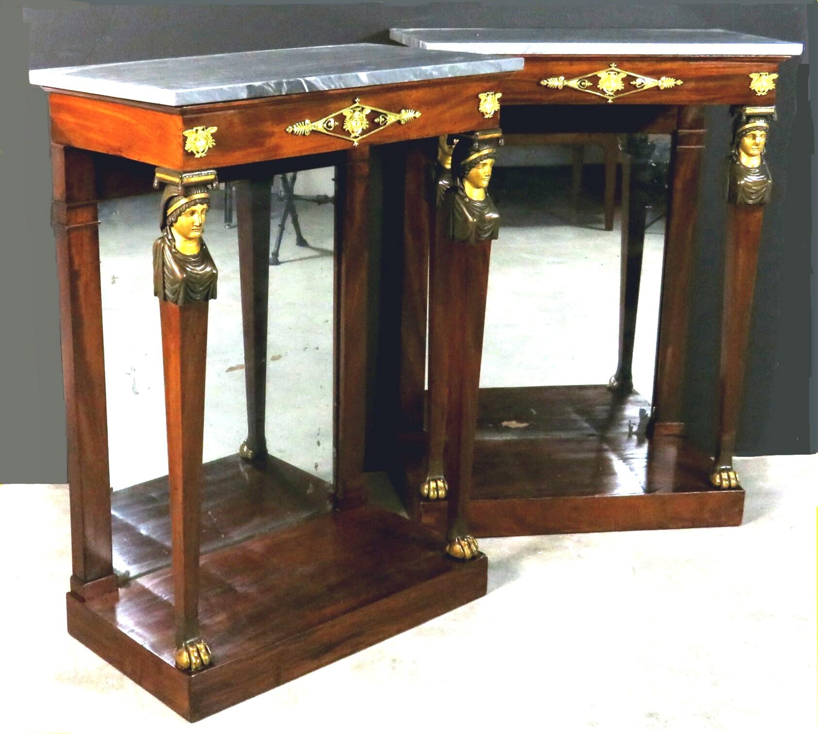 Carved Fine Pair of Diminutive Empire Period Mahogany Console / Pier Tables, Circa 1820 For Sale