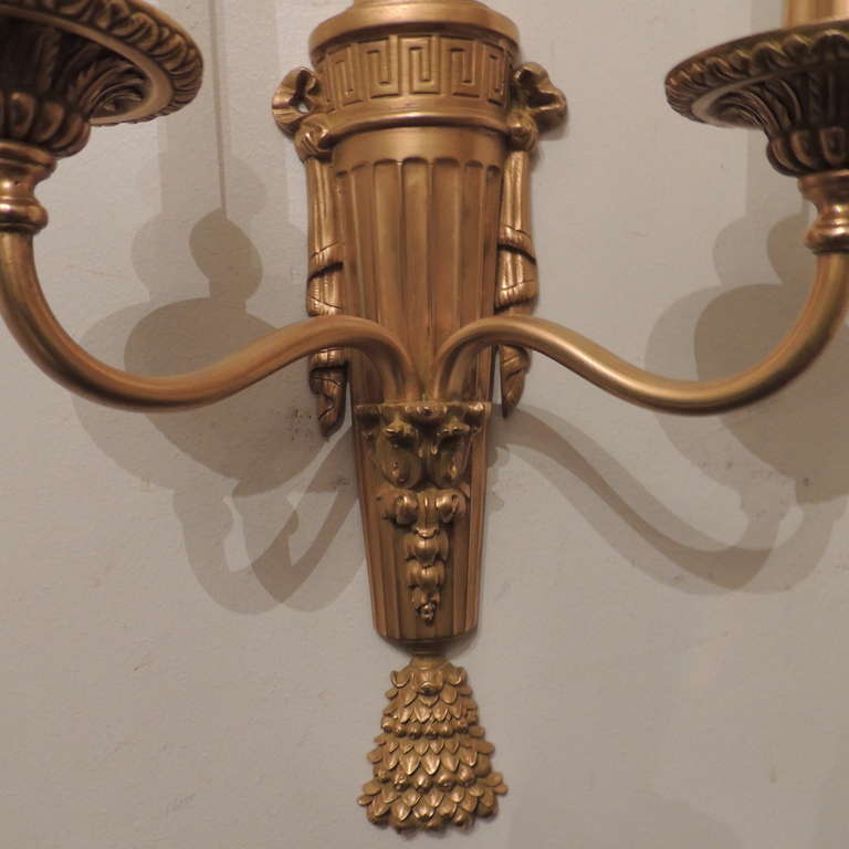 Wonderful Pair Doré Bronze Neoclassical Two-Arm Wall Sconces E. F. Caldwell In Excellent Condition For Sale In Roslyn, NY