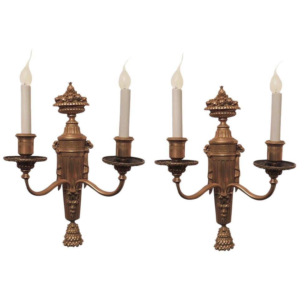 Wonderful Pair Doré Bronze Neoclassical Two-Arm Wall Sconces E. F. Caldwell For Sale