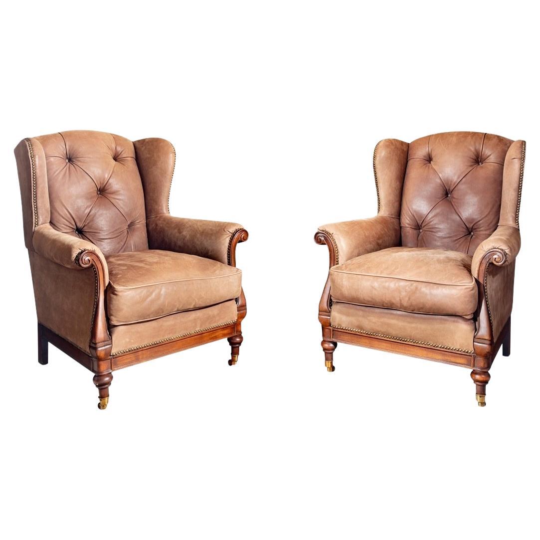 Fine Pair of Drexel for Lillian August Leather Wing Chairs