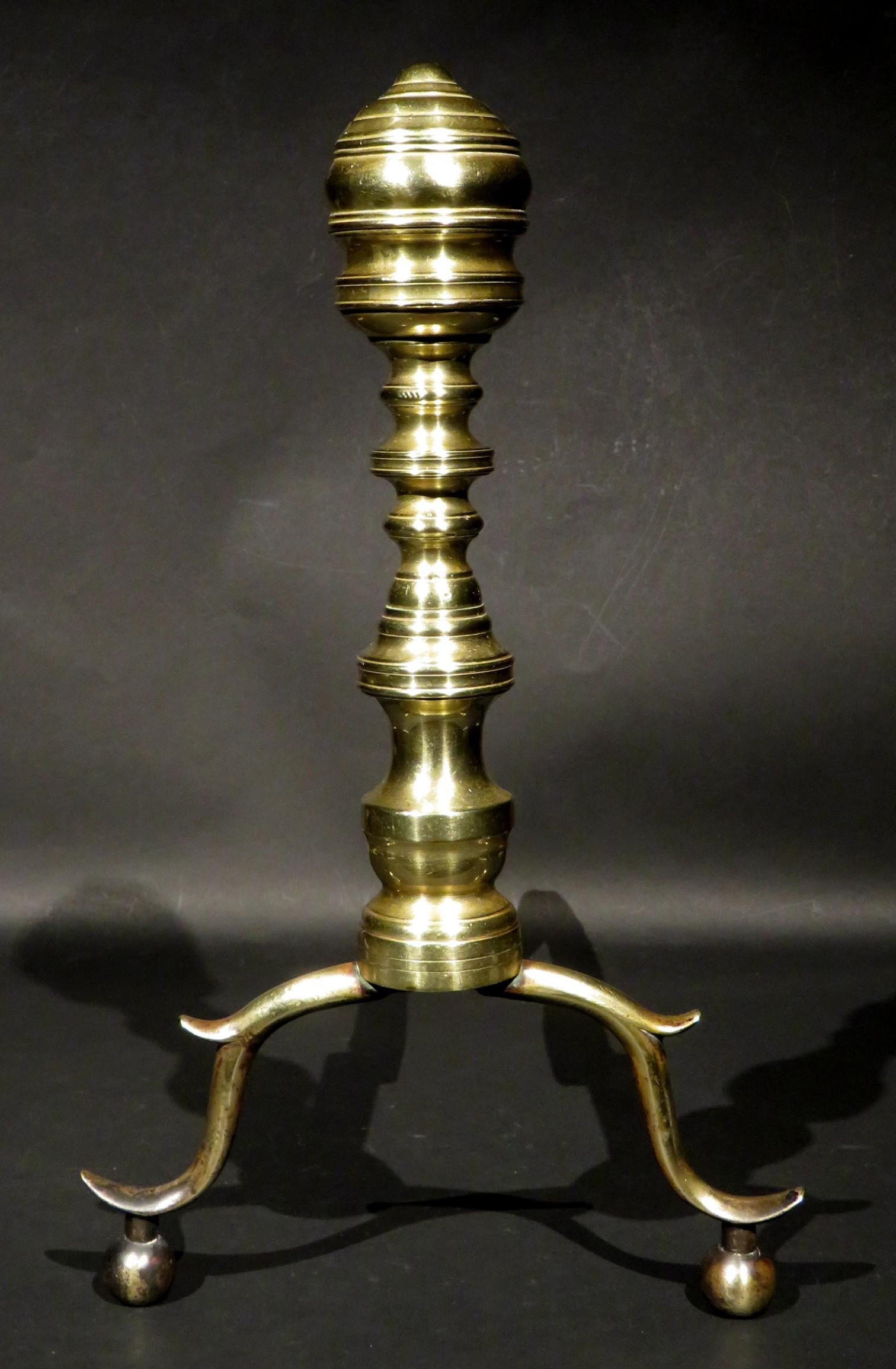 Federal Pair of Early 19th Century Beehive Brass Andirons, New England Circa 1800