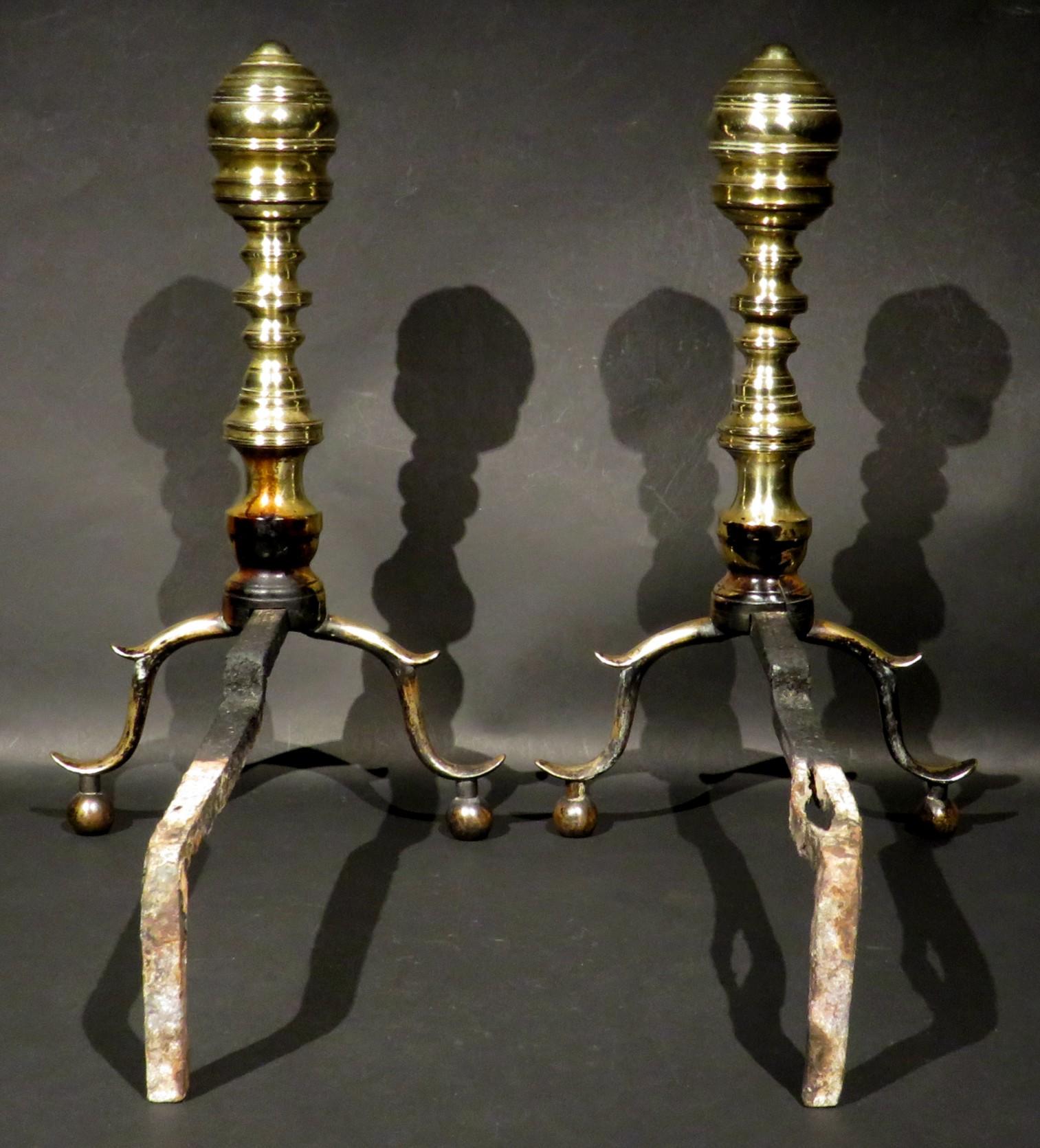 Forged Pair of Early 19th Century Beehive Brass Andirons, New England Circa 1800